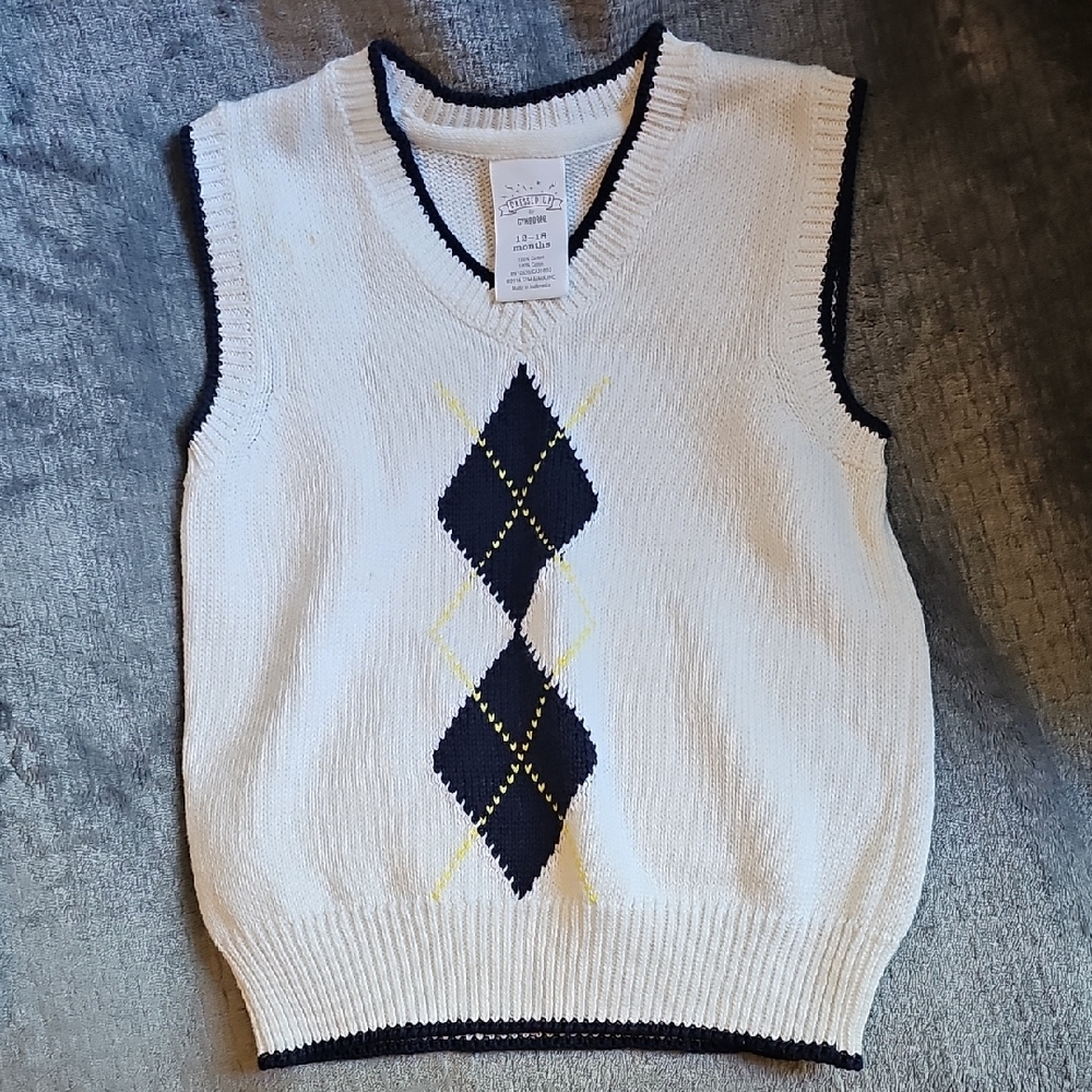 White and Black Argyle Sweater Vest